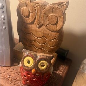 Wooden and Ceramic Owl Figurine Set